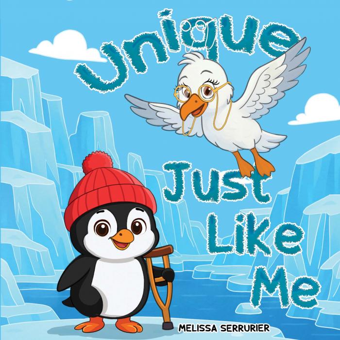 Cover of Unique Just Like Me: Pip the penguin in a red beanie, with a seabird friend flying overhead